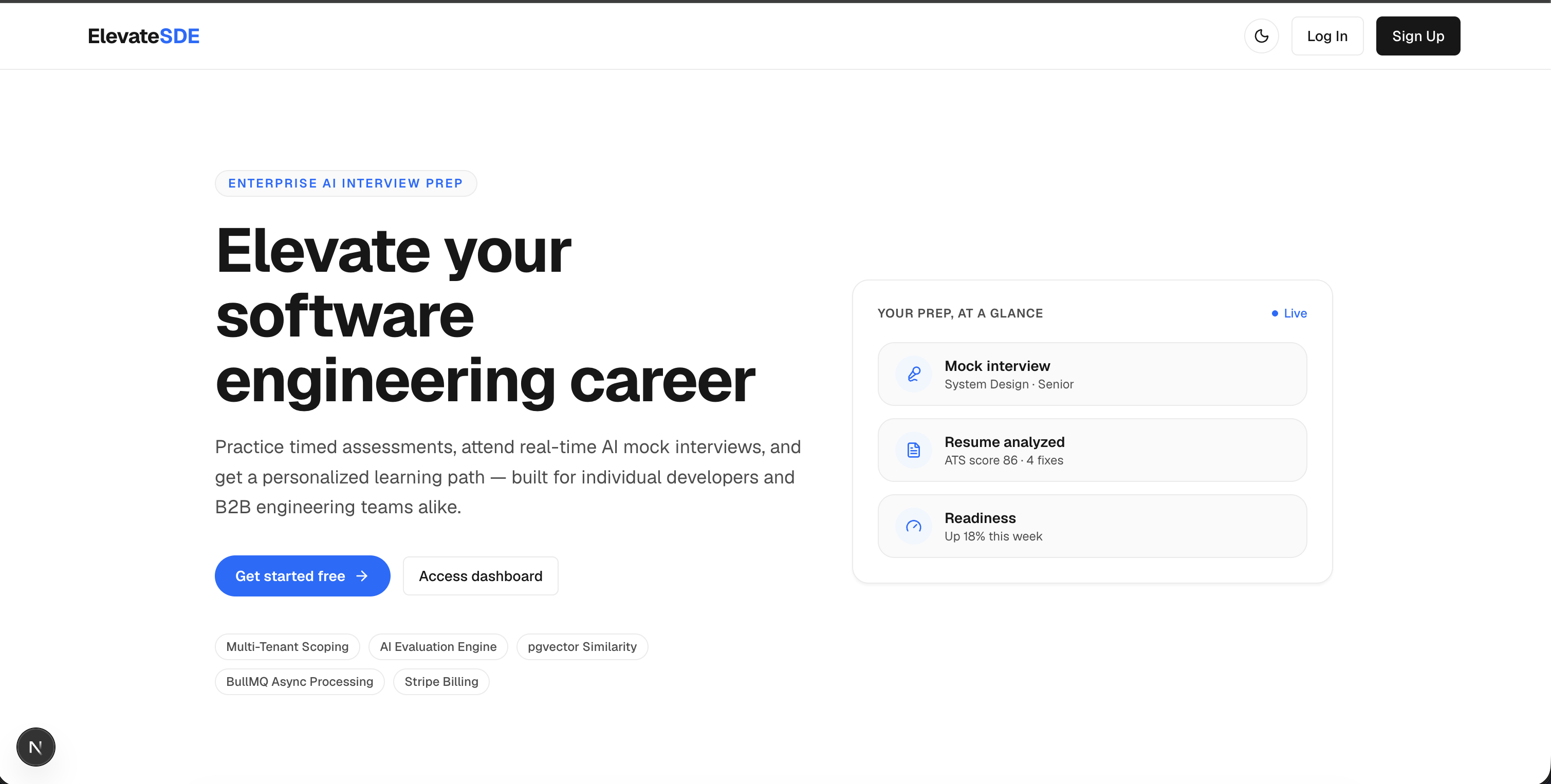 ElevateSDE — Enterprise AI Interview Prep Platform (SaaS) preview